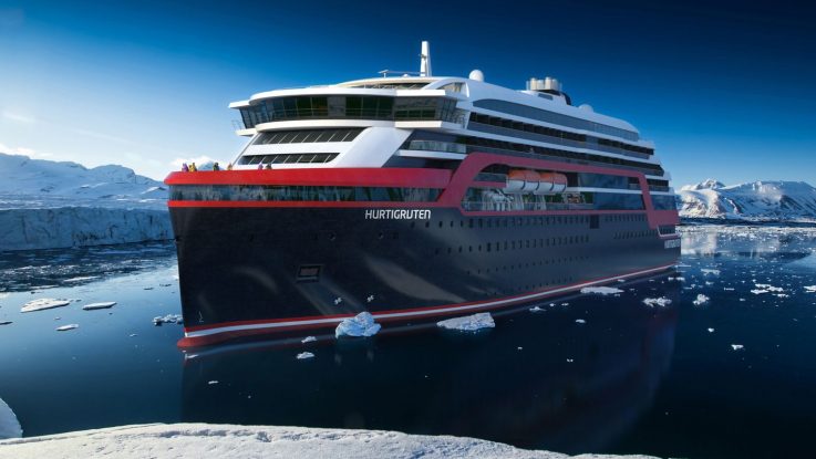 Der Baustart ist mit dem Stahlschnitt erfolgt. 2018 wird die MS Roald Amundsen zur ersten Expedition starten. Foto: Hurtigruten